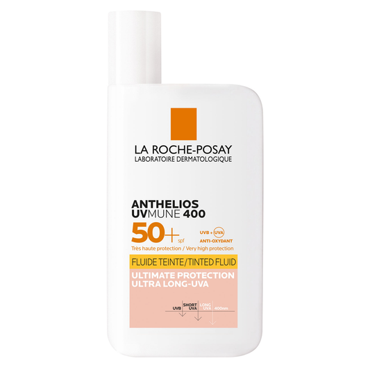 Bottle of La Roche-Posay Anthelios UVMUNE 400 Invisible Fluid Tinted SPF50 sunscreen.