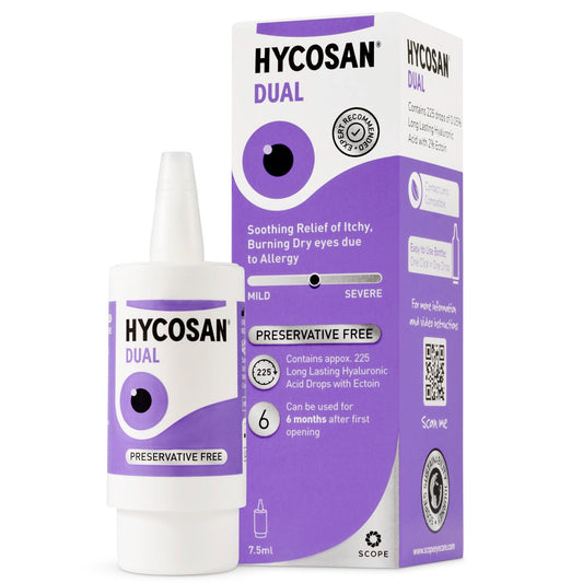 HYCOSAN® Dual - Double Action Eye Drops with Hyaluronic Acid and Ectoin for Soothing Relief of Itchy, Burning or Dry Eyes Due to Allergens - Preservative Free - 225 Measured Drops