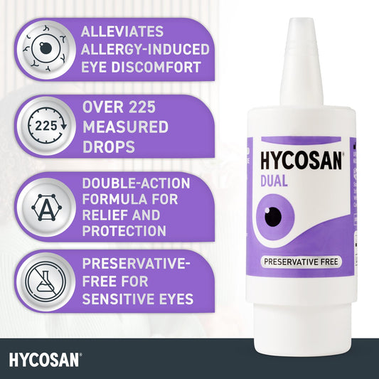 HYCOSAN® Dual - Double Action Eye Drops with Hyaluronic Acid and Ectoin for Soothing Relief of Itchy, Burning or Dry Eyes Due to Allergens - Preservative Free - 225 Measured Drops