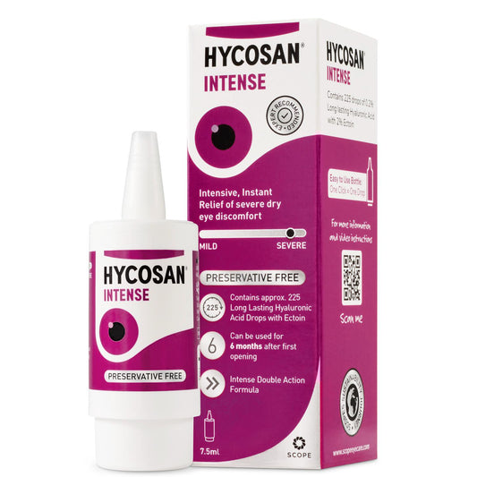 Hycosan Intense - Eye Drops with Long Lasting Hyaluronic Acid and Ectoin for Intensive Lubrication and Instant Relief for Itchy, Burning Sensation and Severe Dry Eye Discomfort - Preservative Free - 225 Measured Drops