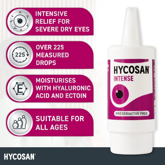 Hycosan Intense - Eye Drops with Long Lasting Hyaluronic Acid and Ectoin for Intensive Lubrication and Instant Relief for Itchy, Burning Sensation and Severe Dry Eye Discomfort - Preservative Free - 225 Measured Drops
