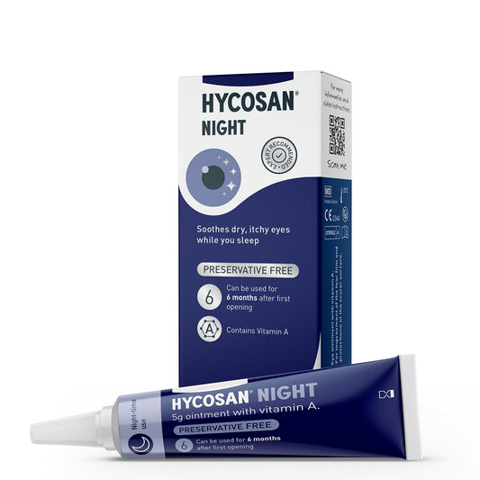 Hycosan Night - Soothing Relief and Protection against Dry, Tired and Burning Eyes While You Sleep - with Vitamin A and Preservative Free - 300 Applications