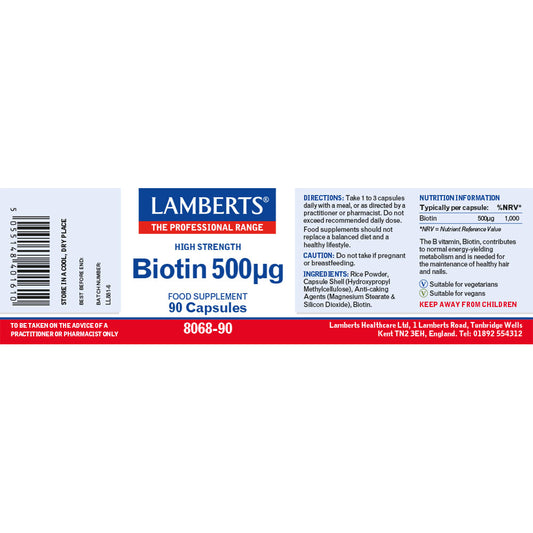Lamberts Biotin 500µg Capsules 90 Capsules - Food Supplement