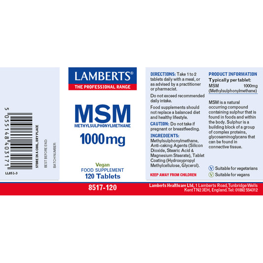 Lamberts MSM Methylsulfonylmethane 1000mg Tablets 120 Tablets - Food Supplement