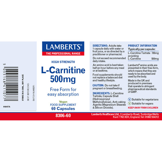 Lamberts L-Carnitine 500mg Tablets 60 Tablets - Food Supplement