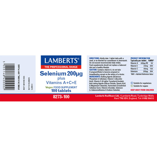 Lamberts Selenium 200µg plus Vitamins A, C & E Tablets 100 Tablets - Food Supplement