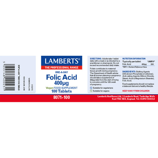 Lamberts Folic Acid 400µg Tablets 100 Tablets - Food Supplement