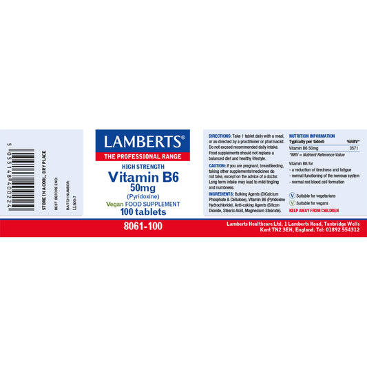 Lamberts Vitamin B6 Pyridoxine 50mg Tablets 100 Tablets - Food Supplement