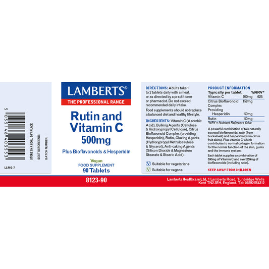 Lamberts Rutin & Vitamin C 500mg plus Bioflavonoids Tablets 90 Tablets - Food Supplement
