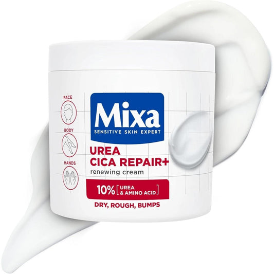 Mixa Urea Cica Repair+ cream jar with visible cream on a white background
