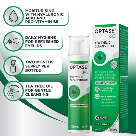 OPTASE® Tea Tree Oil (TTO) Eyelid Cleansing Gel - Daily Eyelid Hygiene to Refresh and Revitalise - Preservative Free - 2 Month Supply - 50ml