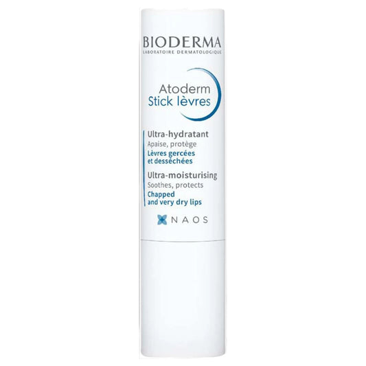 Bioderma Atoderm Lip Stick in a white stick dispenser with blue and black text, indicating the product is ultra-hydratant, has shea butter and beeswax, and provides moisturising care.