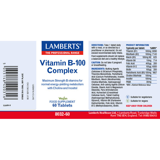 Lamberts Vitamin B-100 Complex B Vitamins Tablets 60 Tablets - Food Supplement