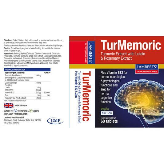 Lamberts TurMemoric Turmeric Extract, Lutein 10mg, Vitamin B12 & Zinc Tablets 60 Tablets - Food Supplement