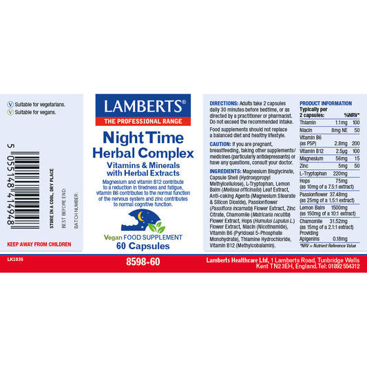Lamberts Night Time Herbal Complex Magnesium, B Vitamins & Herbal Extracts Capsules 60 Capsules - Food Supplement