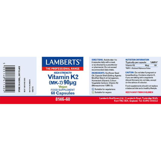 Lamberts Vitamin K2 Menaquinone MK-7 90µg Capsules 60 Capsules - Food Supplement