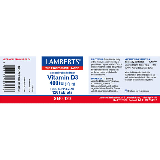 Lamberts Vitamin D3 400iu (10µg) Tablets 120 Tablets - Food Supplement