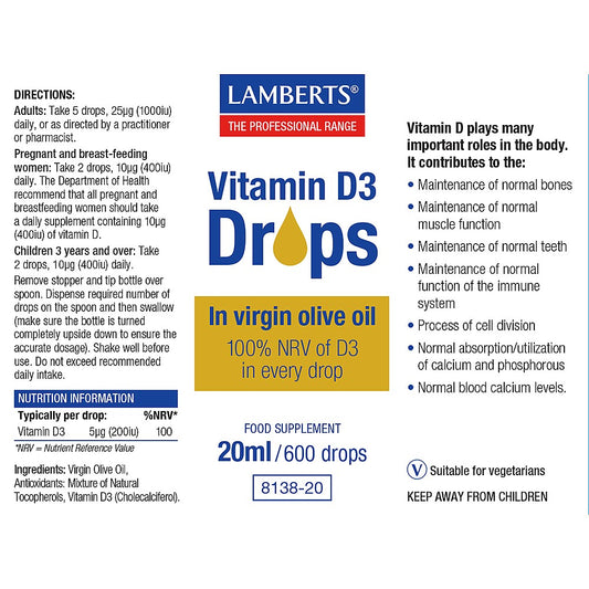 Lamberts Vitamin D3 Drops 200iu (5µg) per Drop Liquid 20ml (600 Drops) - Food Supplement