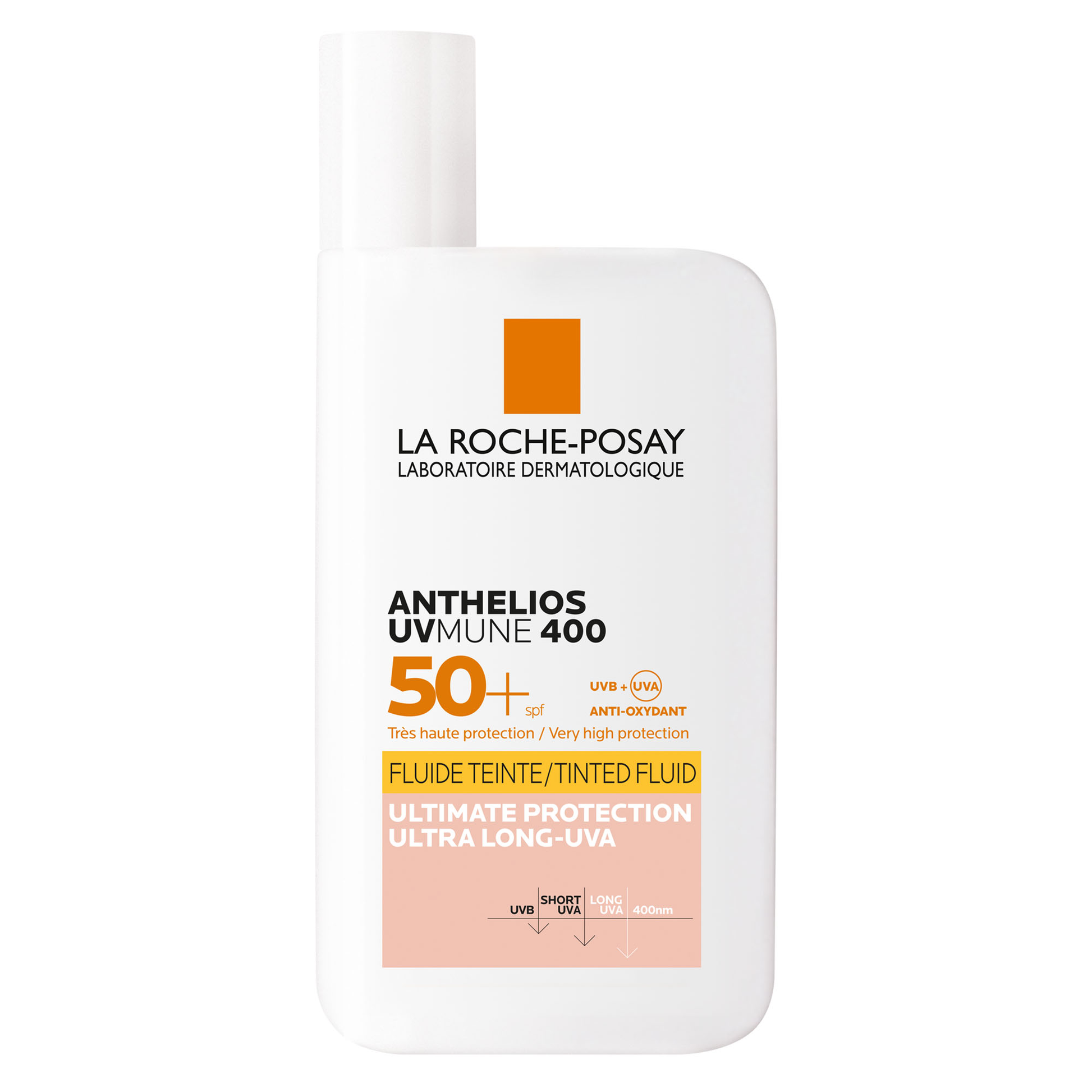 Bottle of La Roche-Posay Anthelios UVMUNE 400 Invisible Fluid Tinted SPF50 sunscreen.