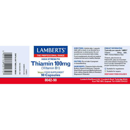 Lamberts Thiamin Vitamin B1 100mg Capsules 90 Capsules - Food Supplement