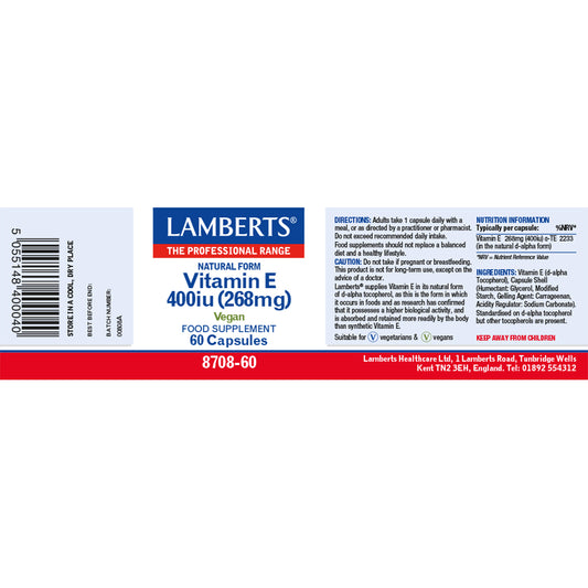 Lamberts Natural Vitamin E d-alpha Tocopherol 400iu Capsules 60 Capsules - Food Supplement