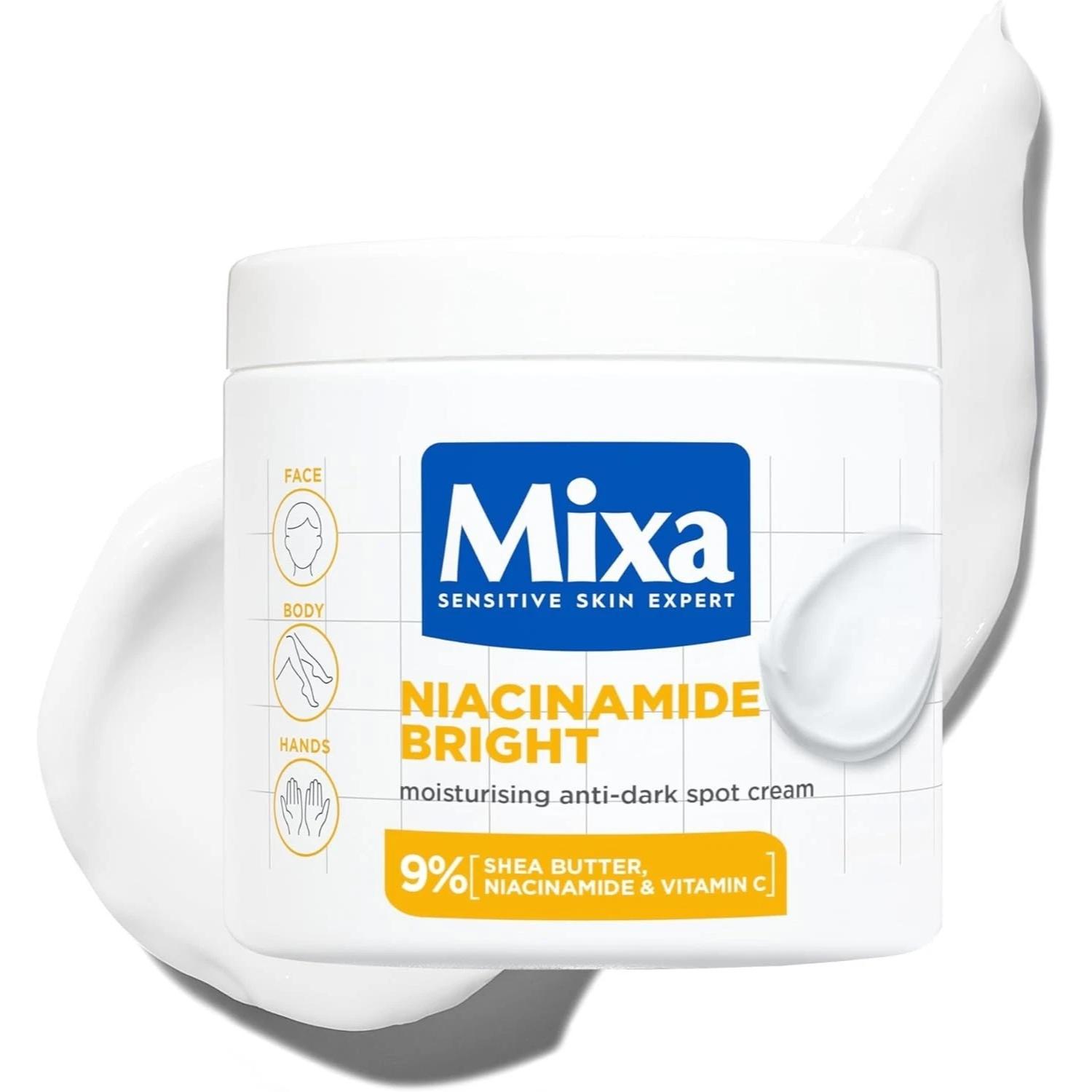Mixa Niacinamide Bright moisturising anti-dark spot cream jar on a white background