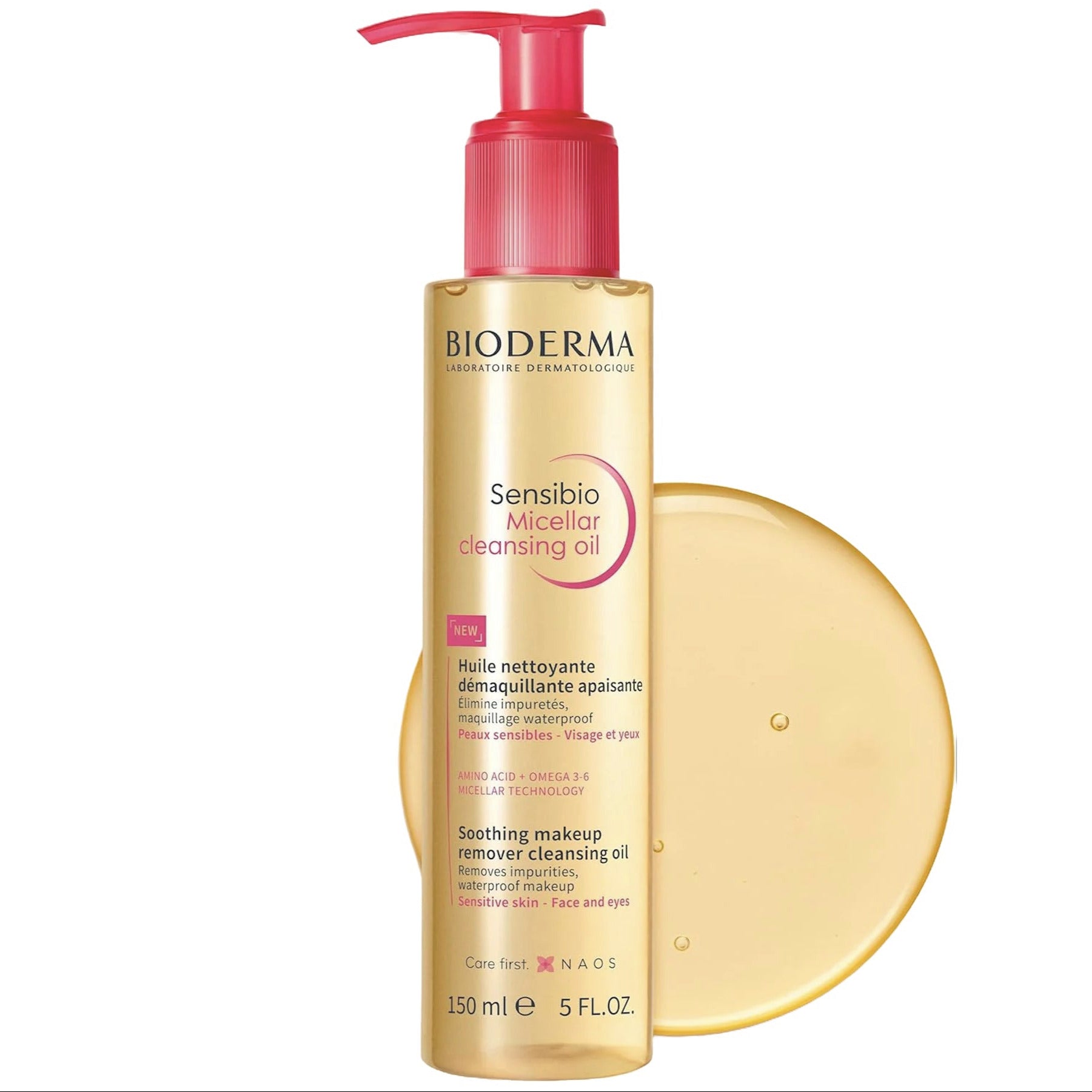 A pump bottle of Bioderma Sensibio Micellar Oil, primarily in a clear to yellow gradient color design.