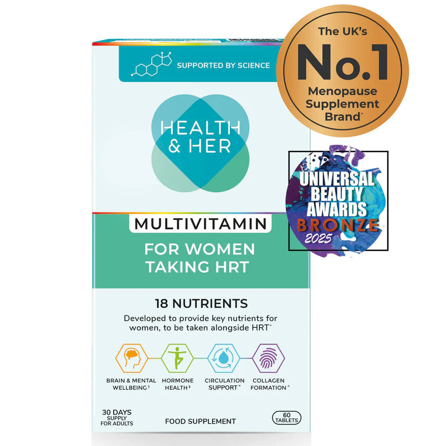 Health & Her multivitamin package for women taking HRT with awards on a white background
