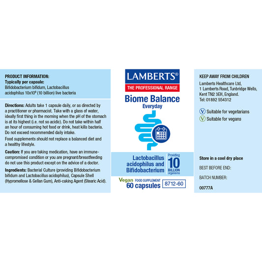 Lamberts Biome Balance Everyday Lactobacillus acidophilus & Bifidobacterium bifidum Capsules 60 Capsules - Food Supplement
