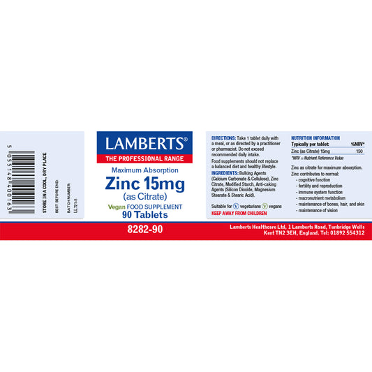 Lamberts Zinc 15mg Citrate Tablets 90 Tablets - Food Supplement