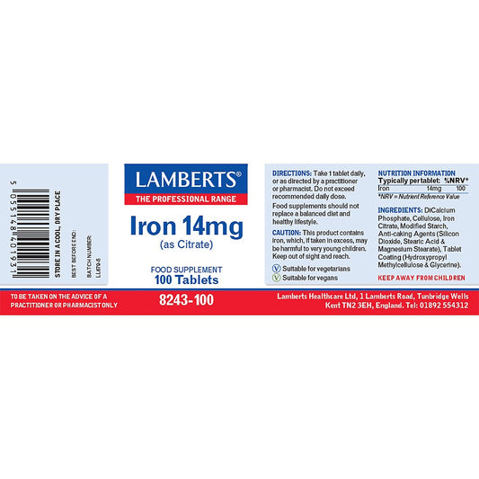 Lamberts Iron 14mg Citrate Tablets 100 Tablets - Food Supplement