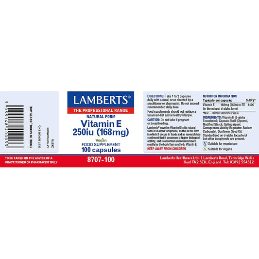 Lamberts Natural Vitamin E d-alpha Tocopherol 250iu Capsules 100 Capsules - Food Supplement