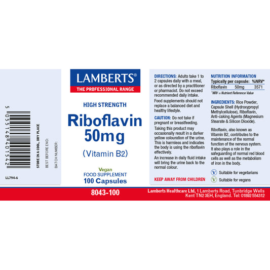Lamberts Riboflavin Vitamin B2 50mg Capsules 100 Capsules - Food Supplement