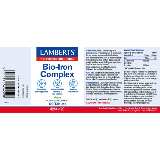 Lamberts Vegan Bio-Iron Complex Iron, Vitamin B12 & L-Lysine Tablets 120 Tablets - Food Supplement