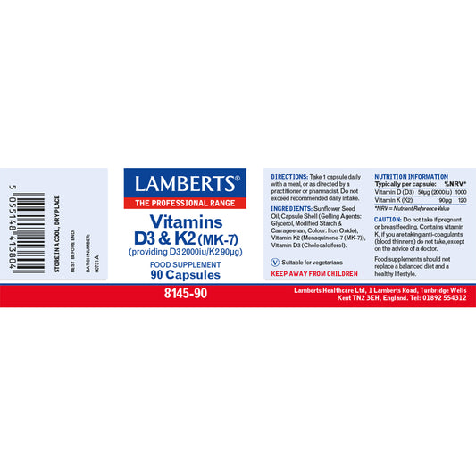 Lamberts Vitamin D3 2000iu & K2 (MK-7) 90µg Capsules 90 Capsules - Food Supplement