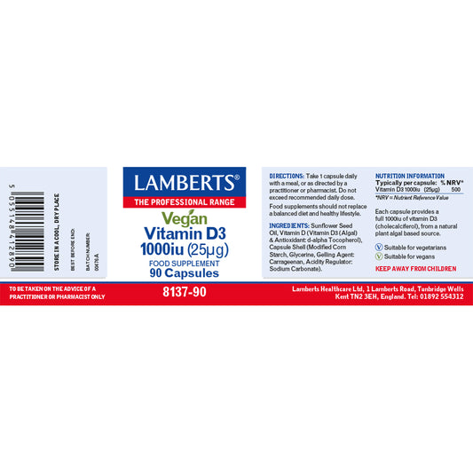 Lamberts Vegan Vitamin D3 1000iu (25µg) Algal-Origin Capsules 90 Capsules - Food Supplement