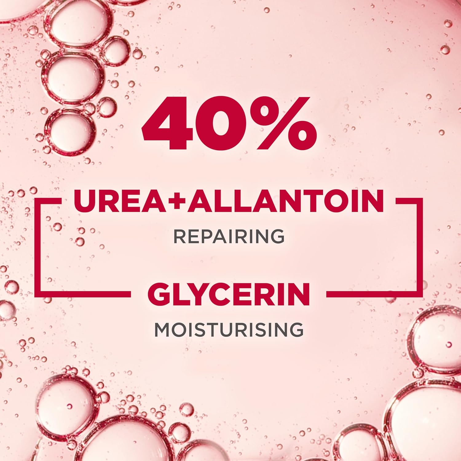 Product label with Urea, Allantoin, Glycerin, and bubbles on a pink background
