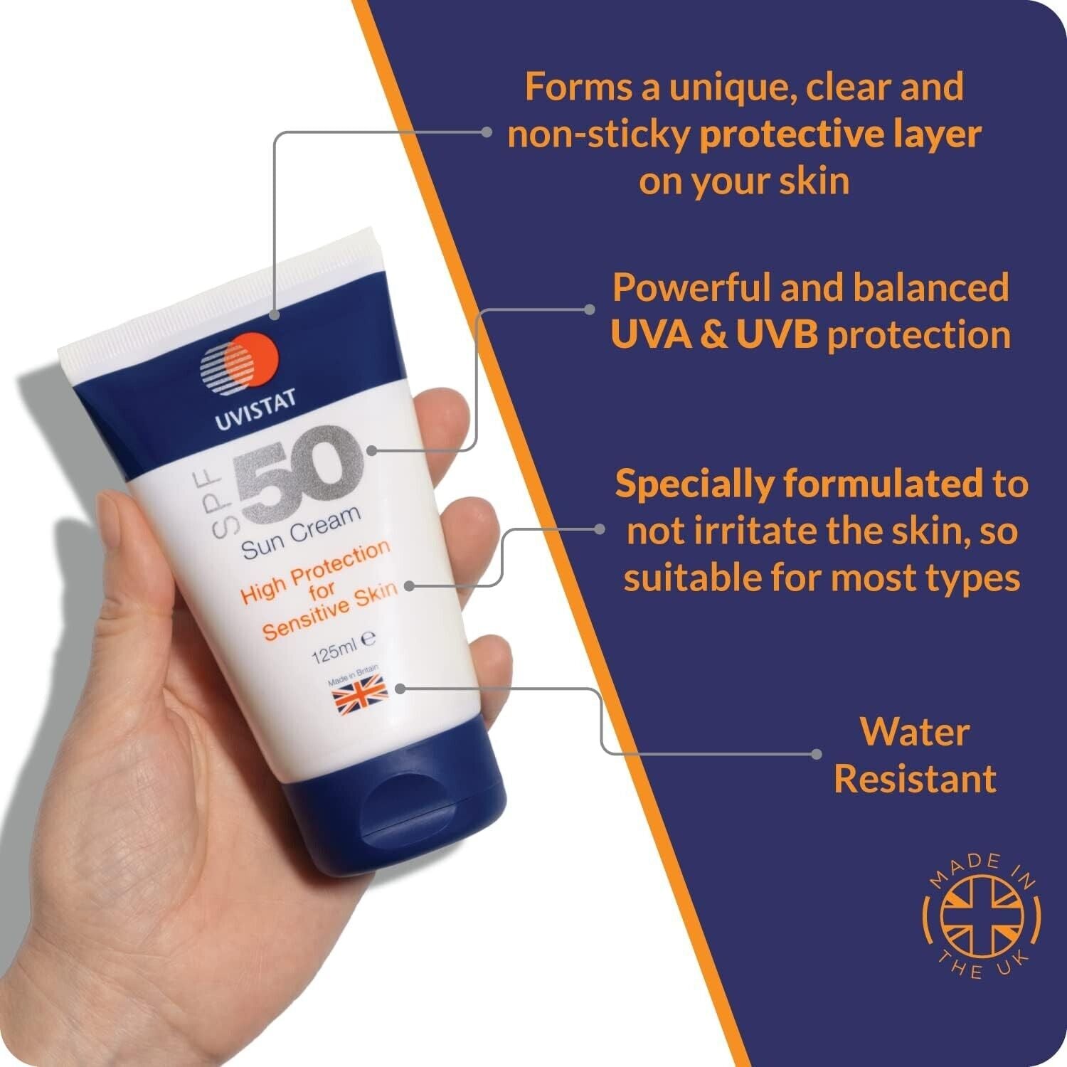 Uvistat Sun Cream SPF50 Moisturising, Water Resistant for Sensitive Skin 125ml
